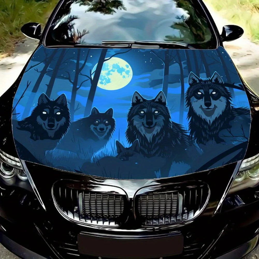 

Wolf Clan Gathering at Night: Mysterious Gaze graphic car vinyl wraps, vinyl car hood graphics, engine decoration wild