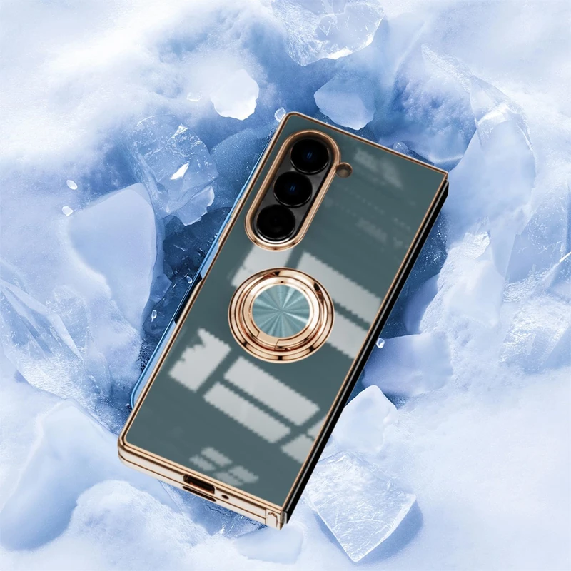 Luxury Plating Silicone Shockproof Bumper Case for Samsung Galaxy Z Fold 7 6 5 4 ZFold Fold6 Fold5 Fold4 Cover with Ring Holder