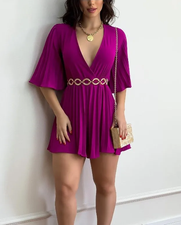 Solid Color Pleated Short Jumpsuits Women Sexy Deep V-neck Backless Flared Half Sleeve Jumpsuit Fashion Elegant Female Clothing
