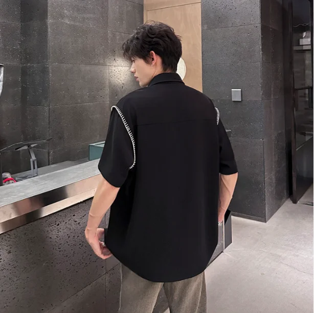 Men's Short-sleeved Korean Shirt Bright Line Decoration Seam Lightweight Breathable Casual Shirt Loose Stylish High-end Blouse