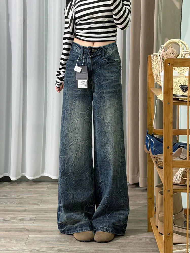 

High Waist Wide Leg Denim Jeans Women's Loose Fit Straight Washed American Style Retro Cracked Long Pants Casual Jeans