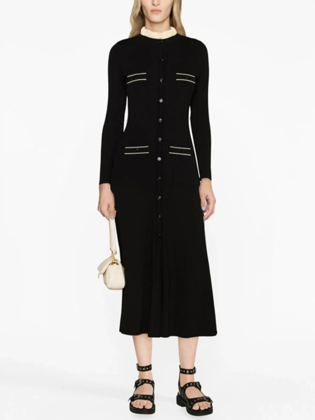 

Bla Long Knitted Dr Women's Lace Collar Sle A-Line Skirt High Waist Spring Summer Autumn Season Ele Faion Dr