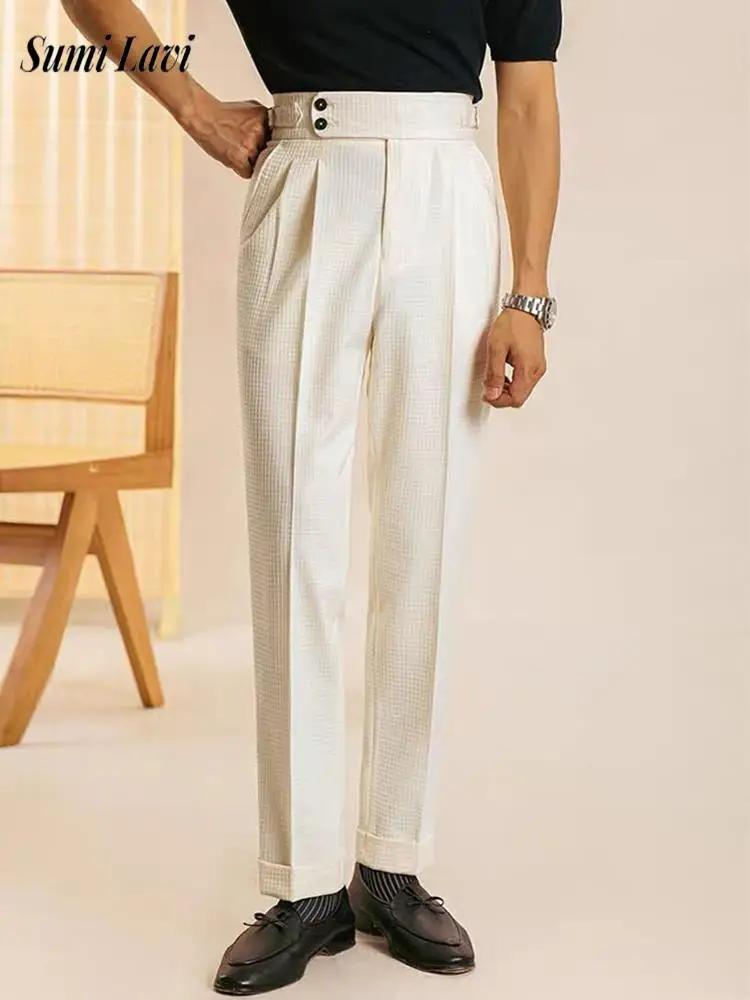 

2025 Summer New Casual Slim Straight Trousers Mens Naples Style Belt High Waist Suit Pants Men Fashion Waffle Plaid Solid Pants