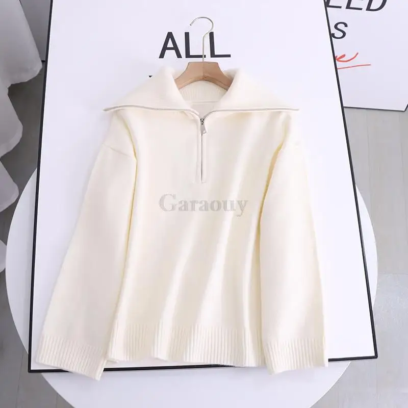 Garaouy 2022 New Women Clothing POLO Collar Zipper Casual Sweater Solid Color Large lapel Hem Rib Decoration Knitted Pullover