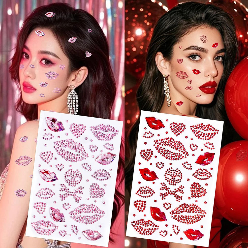 

3D сексуальные красные наклейки со стразами для губ, самоклеящиеся блестящие поцелуи для губ, макияж на день Святого Валентина, наклейка с бриллиантами, украшение для вечеринки