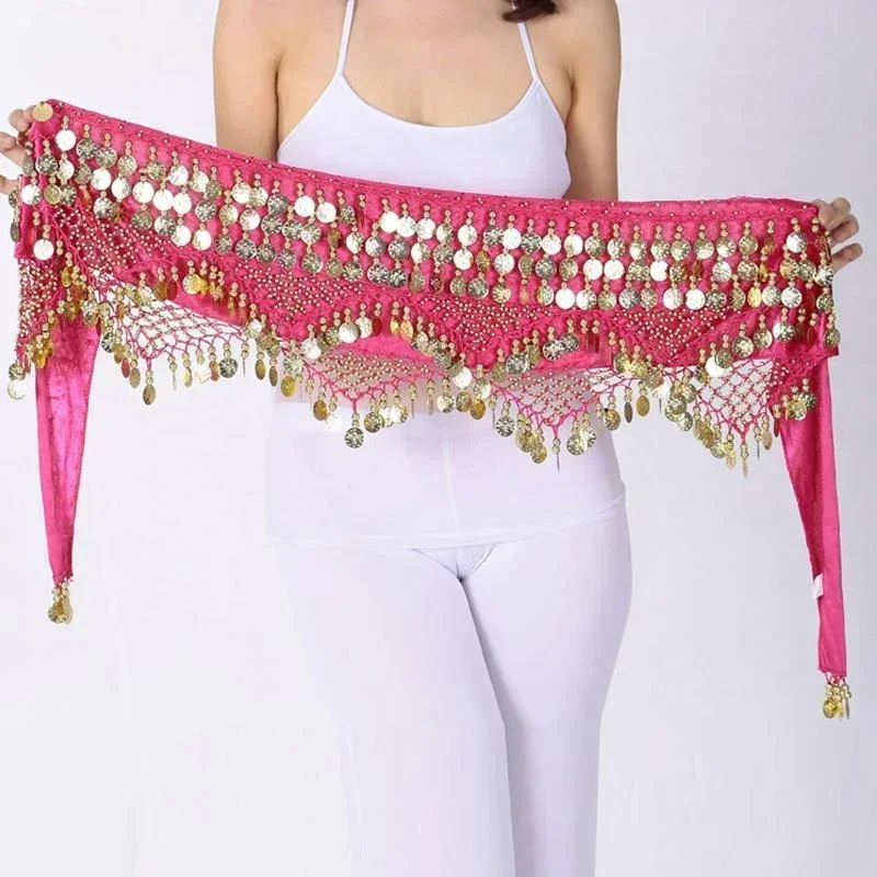 Women Gold Coins Belly Dance Waist Belt Shiny Belly Dancing Hip Scarf Velvet Indian Dance Costume Oriental Hip Scarf Wrap Skirt