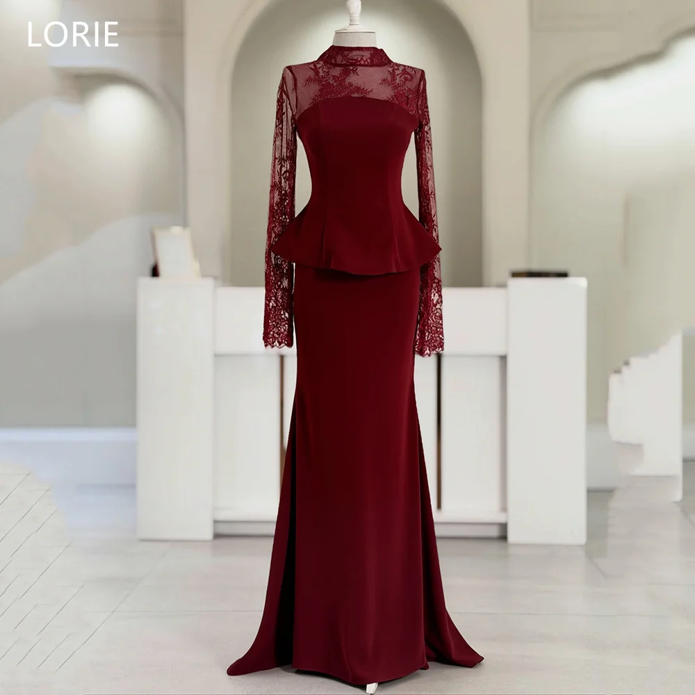 

LORIE Exquisite Burgundy Party Dresses Lace Full Sleeves Evening Prom Dress Sheath Mermaid Prom Gowns Customized