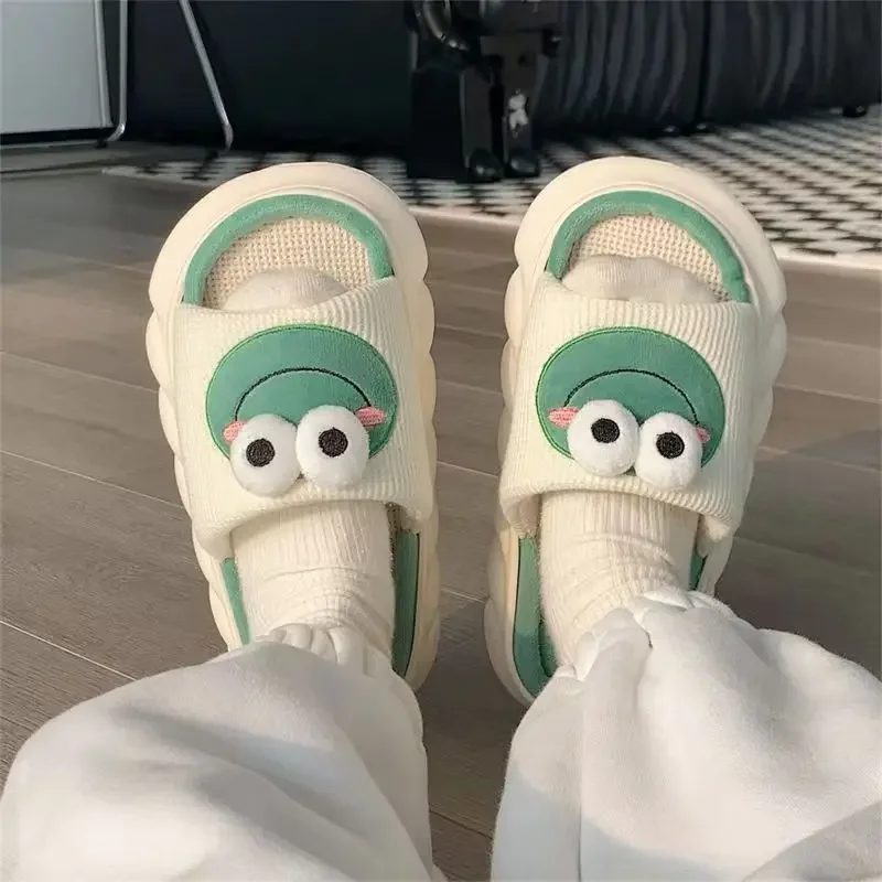 Women Cartoon Frog Slippers Winter Warm Indoor Home Slides Linen Thick Sole Couple Slipper Bedroom Anti Slip Shoes Sandals