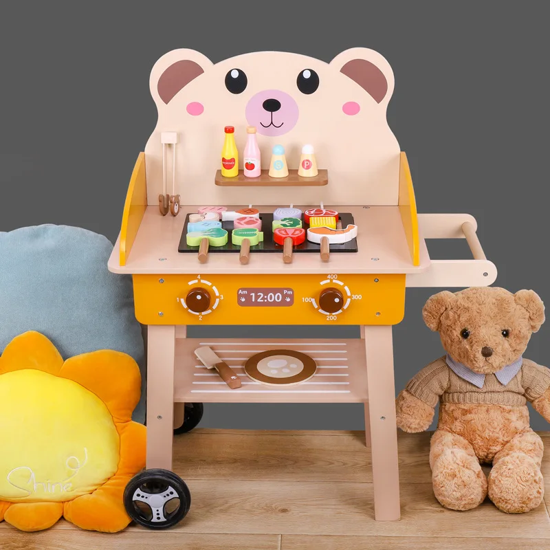 The new wooden bear barbecue truck children play house scene imitation parent-child interaction simulation food toy