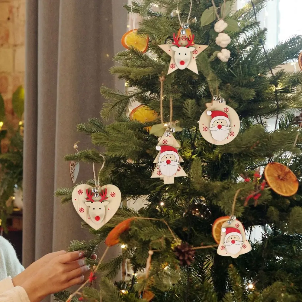 

Wooden Santa Claus Pendant Cartoon with Bells Christmas Wooden Ornament Elk Christmas Pendent Christmas Tree Decoration Holiday