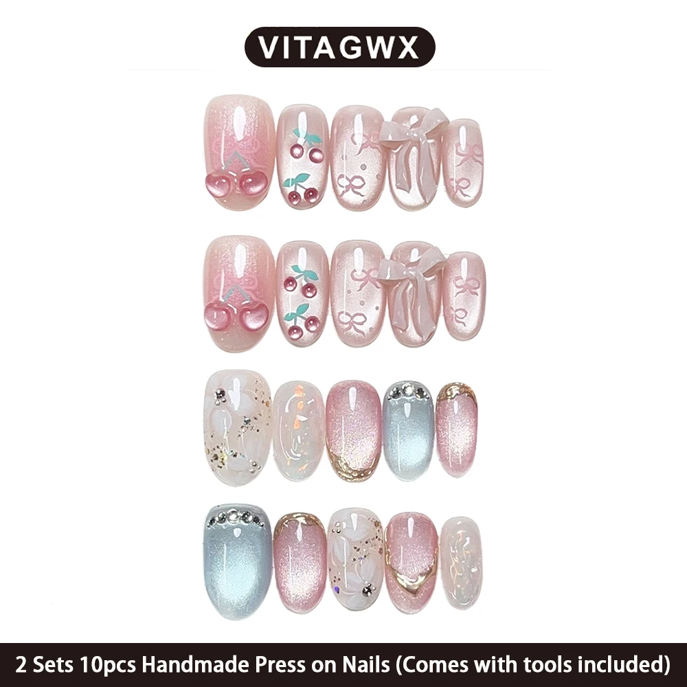 

VITAGWX 20pcs Handmade Press on Nails 2Sets Handmade Fake Nail Cherry Short Round Nail Tips Pink Cat-eye Bow Nail Art False Nail