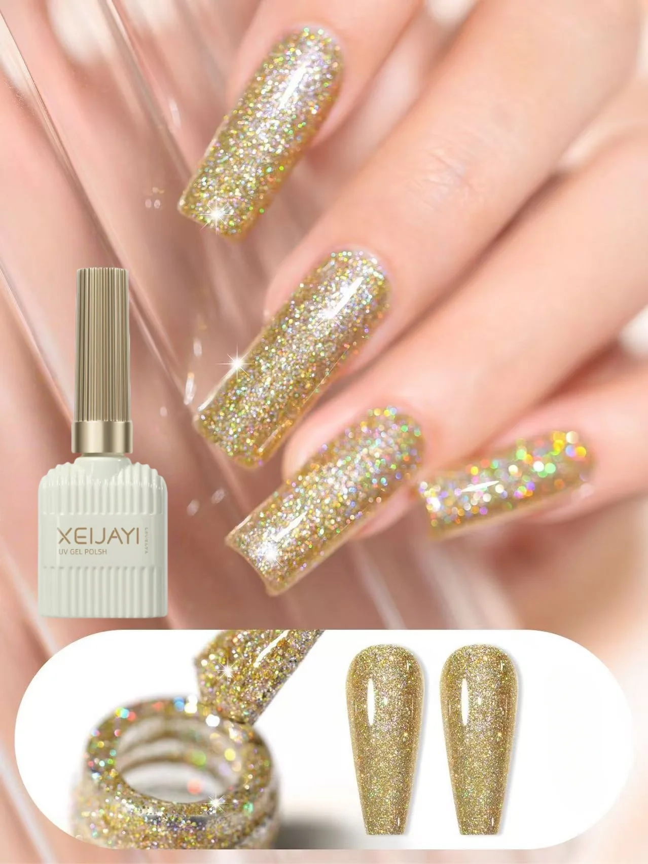 XEIJAYI Champagner Gold Nagelgelpoliermittel Hybridlack Semi Permanent Nail Art Top Base Coat Nagellack UV/LED-Lampe Langlebig