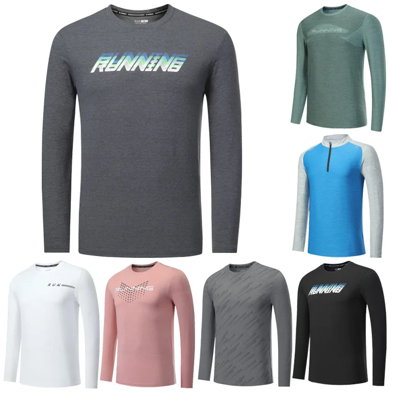 Mens Gym Long Sleeve Quick Dry Breathable Hiking T-shirts Running Fashion Workout Print Patchwork Training Bodybuilding Tops