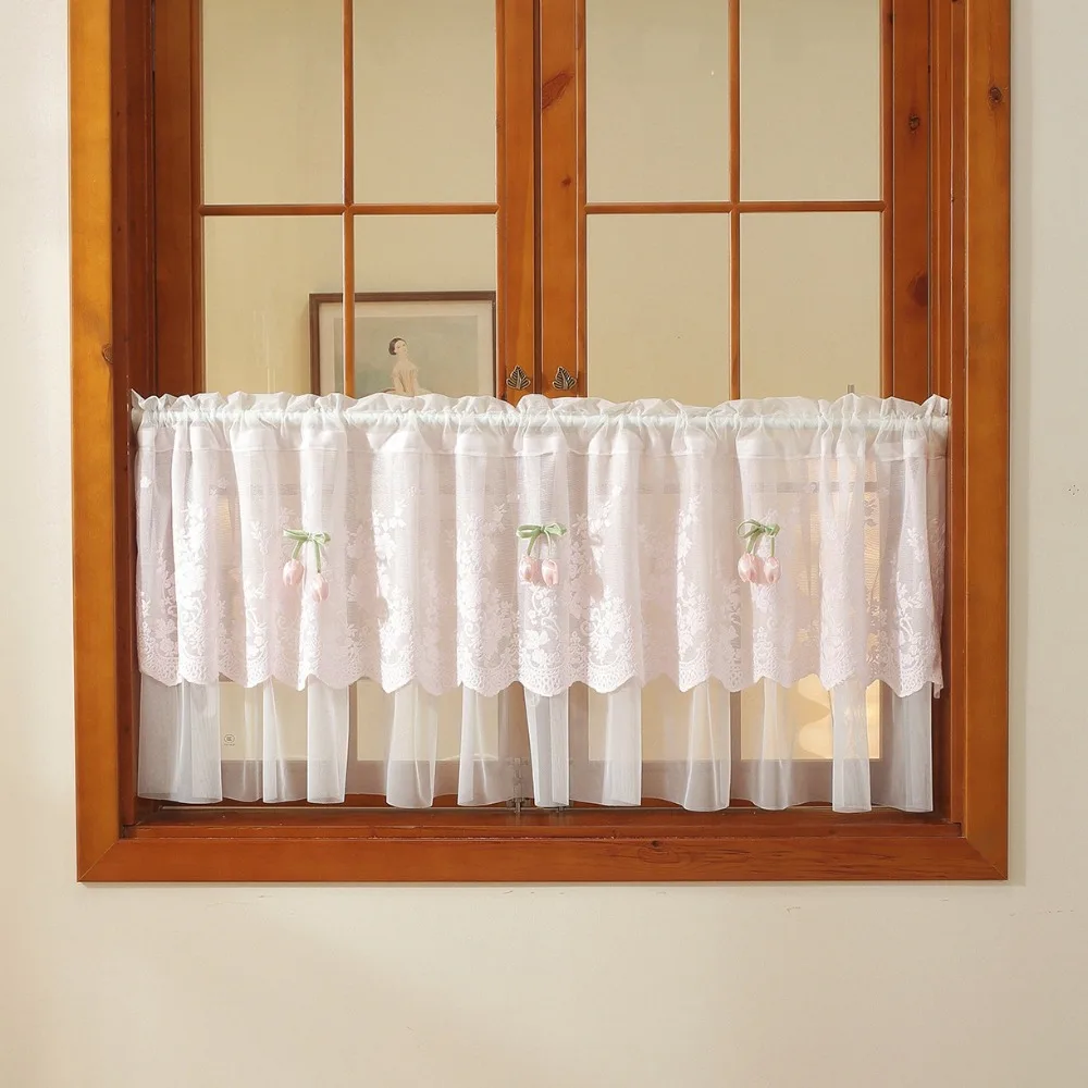 Pastoral Style Floral Lace Curtains Lace Trim Dust-Proof Embroidered Curtains Light Blocking Sheer Voile Short Curtains