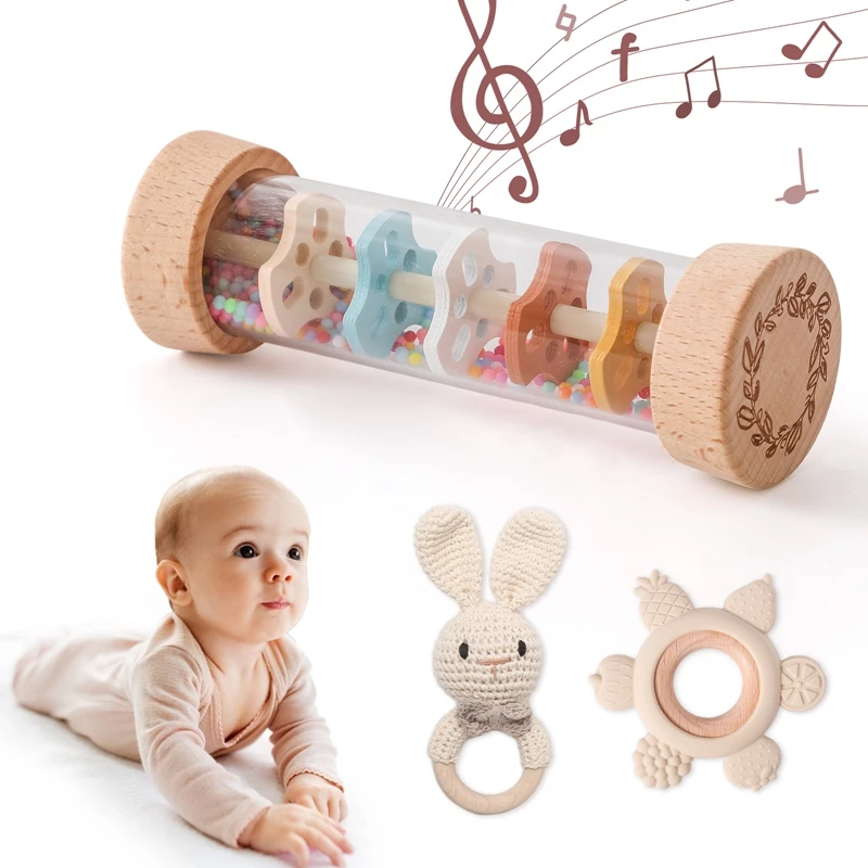 

Baby Wooden Ratter Toys Kids Rain Stick Rainbow Hourglass Rain Music Rattle Toy Newborn Animal Crochet Rattle Ring Teether Gifts