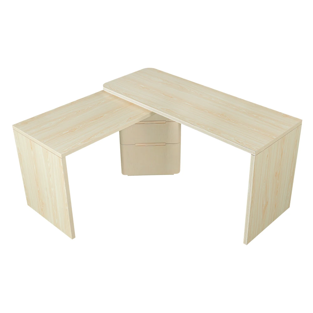 

90 inch natural wood modern L-shaped desk with 3 drawers, 360 ° wooden rotating table, executive, corner table