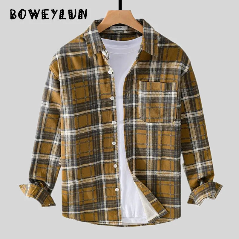 

BOWEYLUN весенне-осенняя мужская клетчатая рубашка с длинными рукавами, молодежная модная хлопковая повседневная блузка