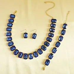 Womens Jewelry Set Square Glass Rhinestone Necklace Bracelet Earring