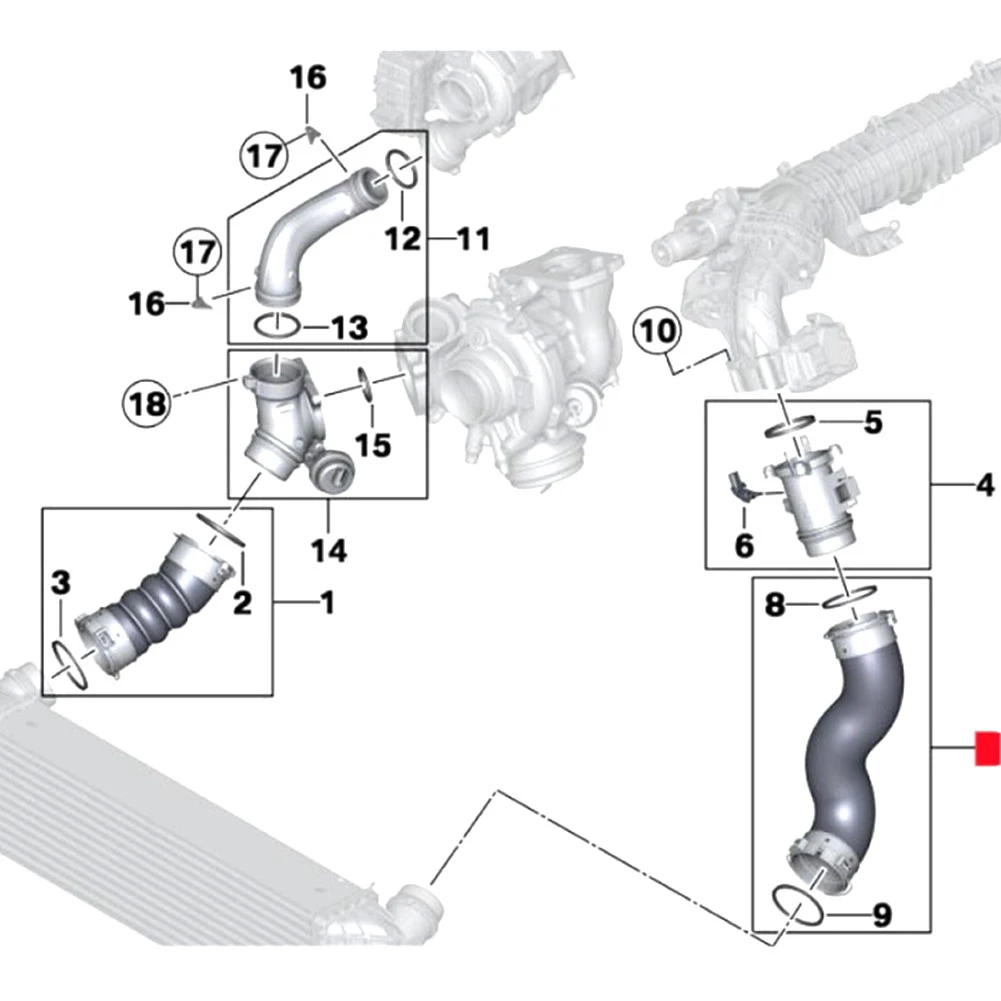 ท่ออินเตอร์คูลเลอร์เครื่องยนต์ท่ออากาศบูสต์สำหรับ X5 F15รถยนต์ BMW F16 X6ท่ออากาศเทอร์โบชาร์จเจอร์11617823237