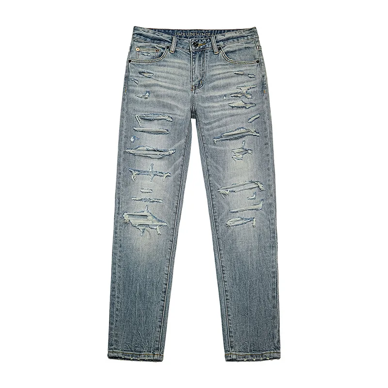 Celana Jeans Kaki Kecil Usang Gaya Baru Musim Gugur dan Musim Dingin untuk Pria Jeans Robek Elastis Sederhana dan Muda Pakaian Pria Pakaian Jalanan