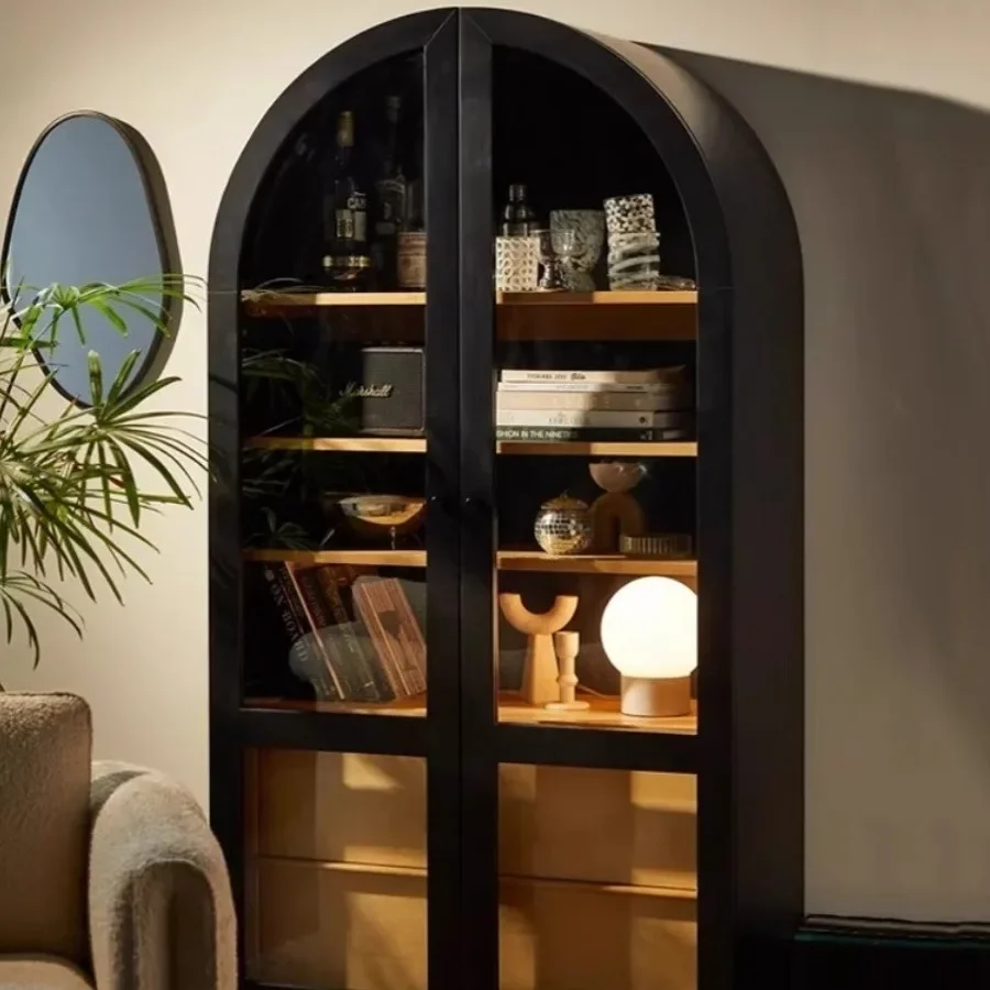 

Американский арочный книжный шкаф, французский винный шкаф в стиле ретро, скандинавский настраиваемый бытовой шкаф из цельного дерева со стеклянной дверью, черная обеденная сторона