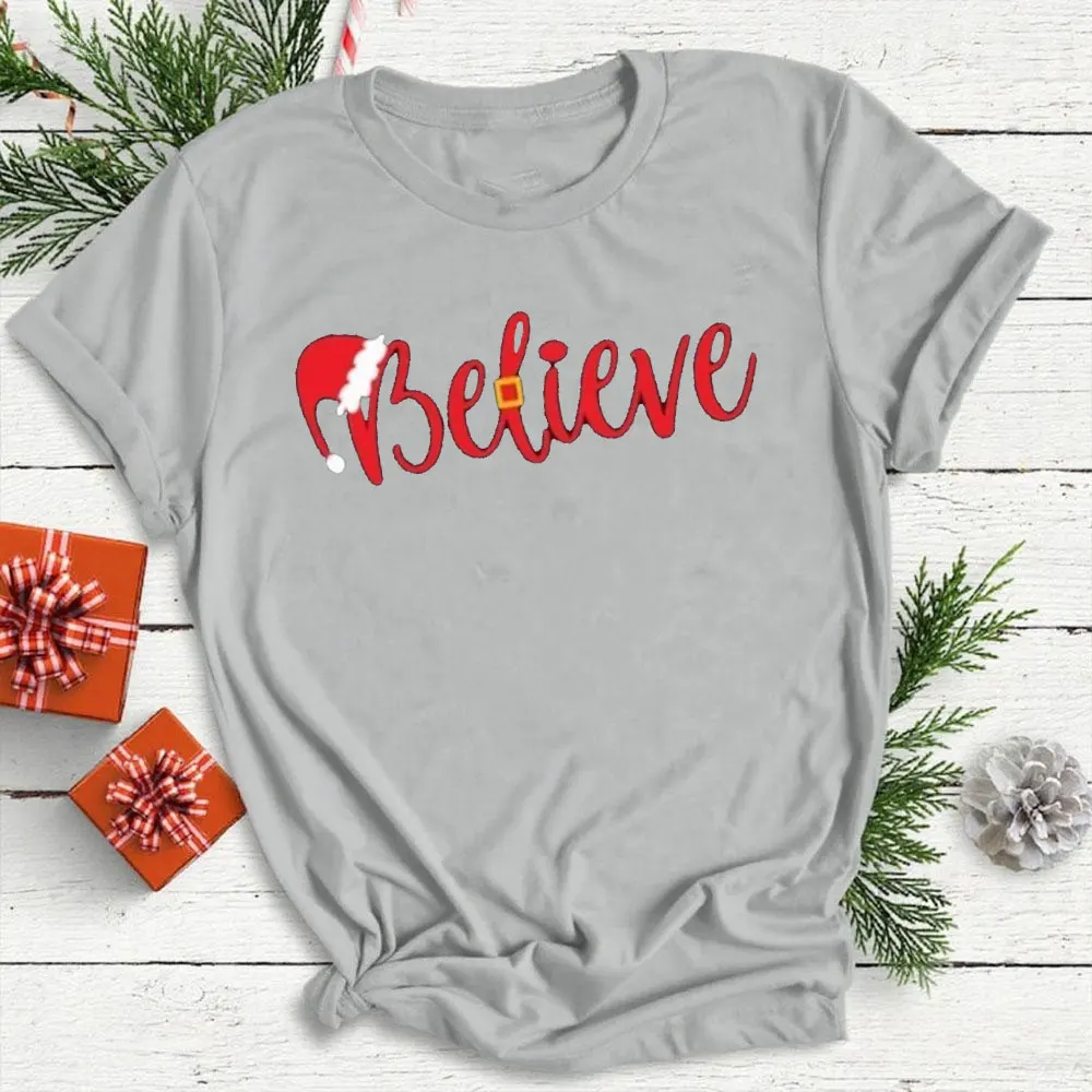 크리스마스 믿으세요 셔츠 크리스마스 믿으세요 셔츠 크리스마스 파티 셔츠 캐주얼 창의력 반팔 코튼 유니섹스 스트리트웨어
