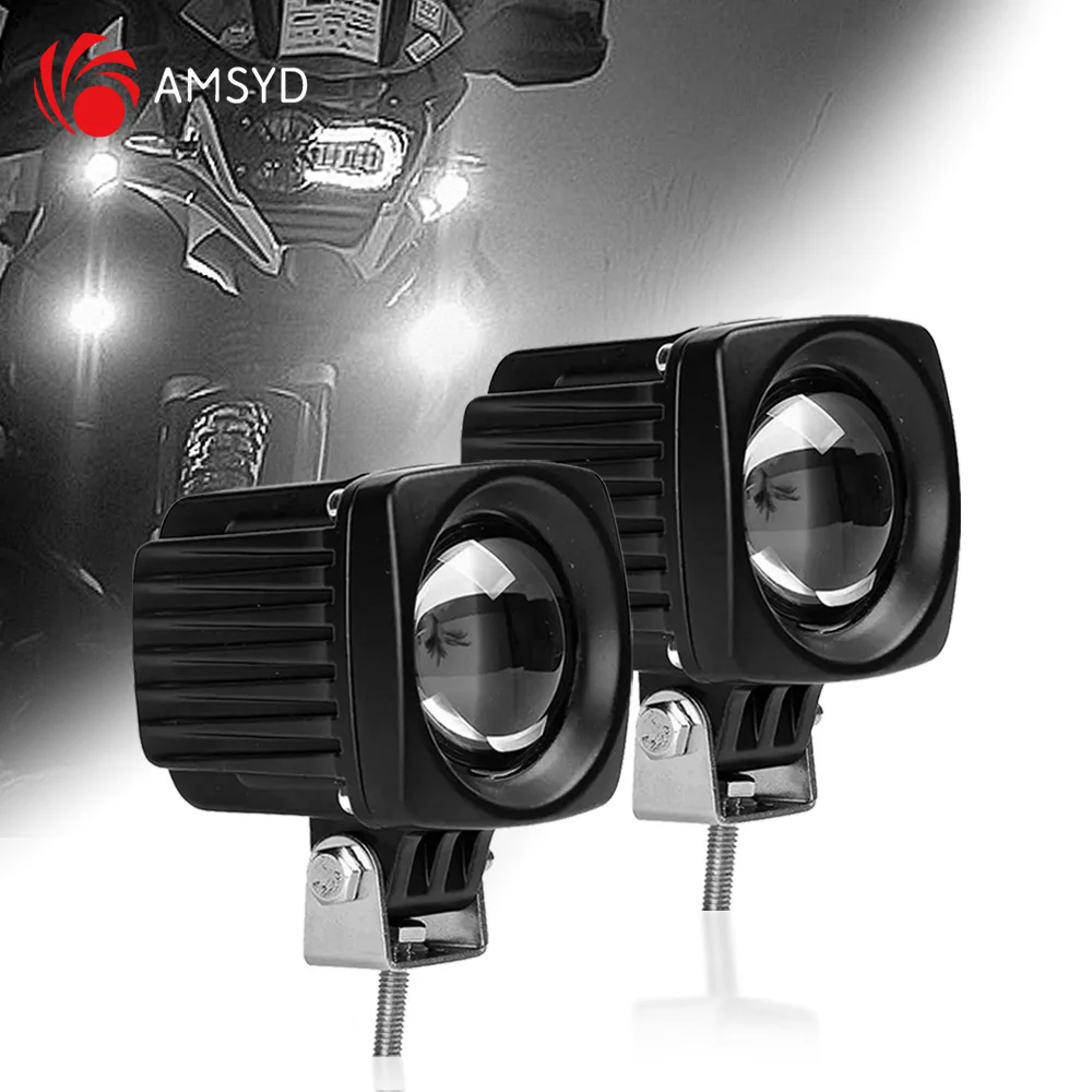 2PCS Motorcycle Spotlight Headlight LED Lens Hi Beam Driving Spot Fog Lights Auxiliary light For Motorbike Off-road White