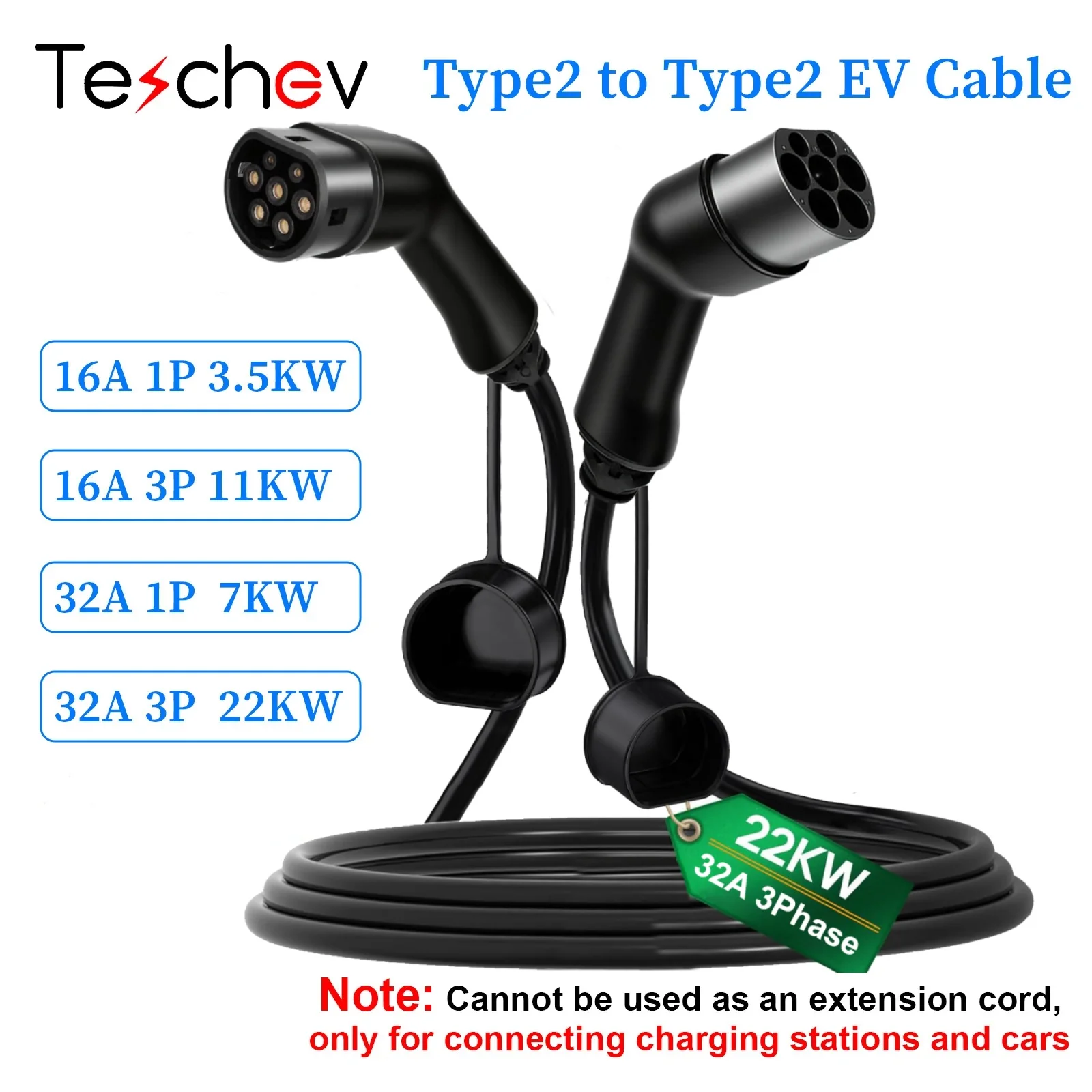 

Teschev Type 2 to Type2 EV Charging Cable 1 Phase 32A 7kW 3 Phases 11kW 22kW Charger Cables For Electric Vehicle