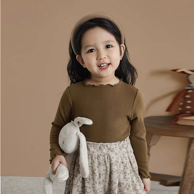 الفتيات الكورية قاع قميص الأطفال الربيع والخريف الفطريات حافة الداخلية أعلى فتاة صغيرة طويلة الأكمام قاع قميص #4