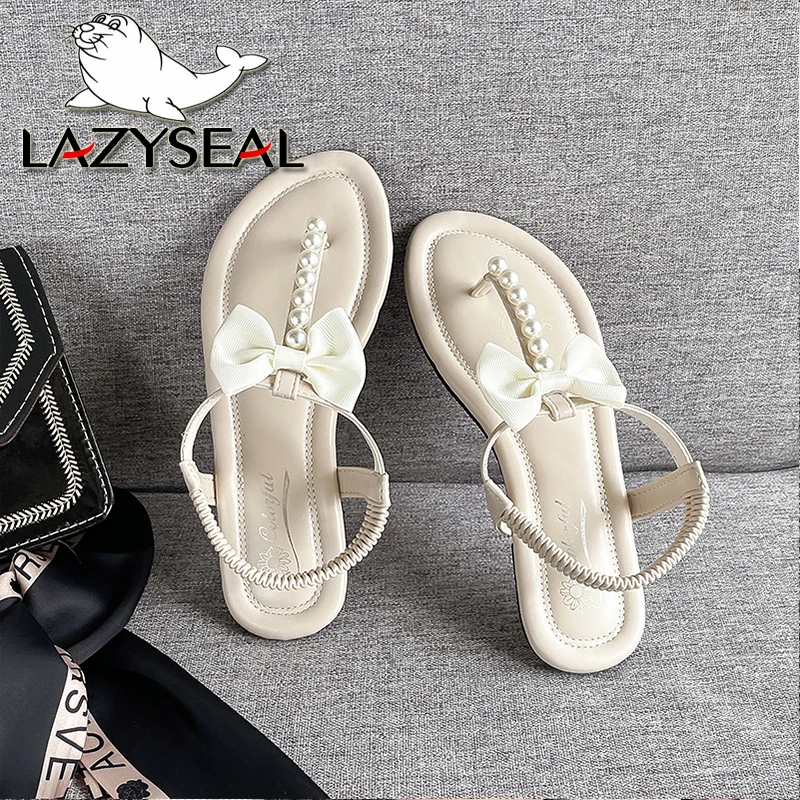 LazySeal String Bead Slides Sandals Flat Heel Elastic Band Beach Shoes Butterfly Pearls Decor Slingback Thong Sandals Sweet Mule