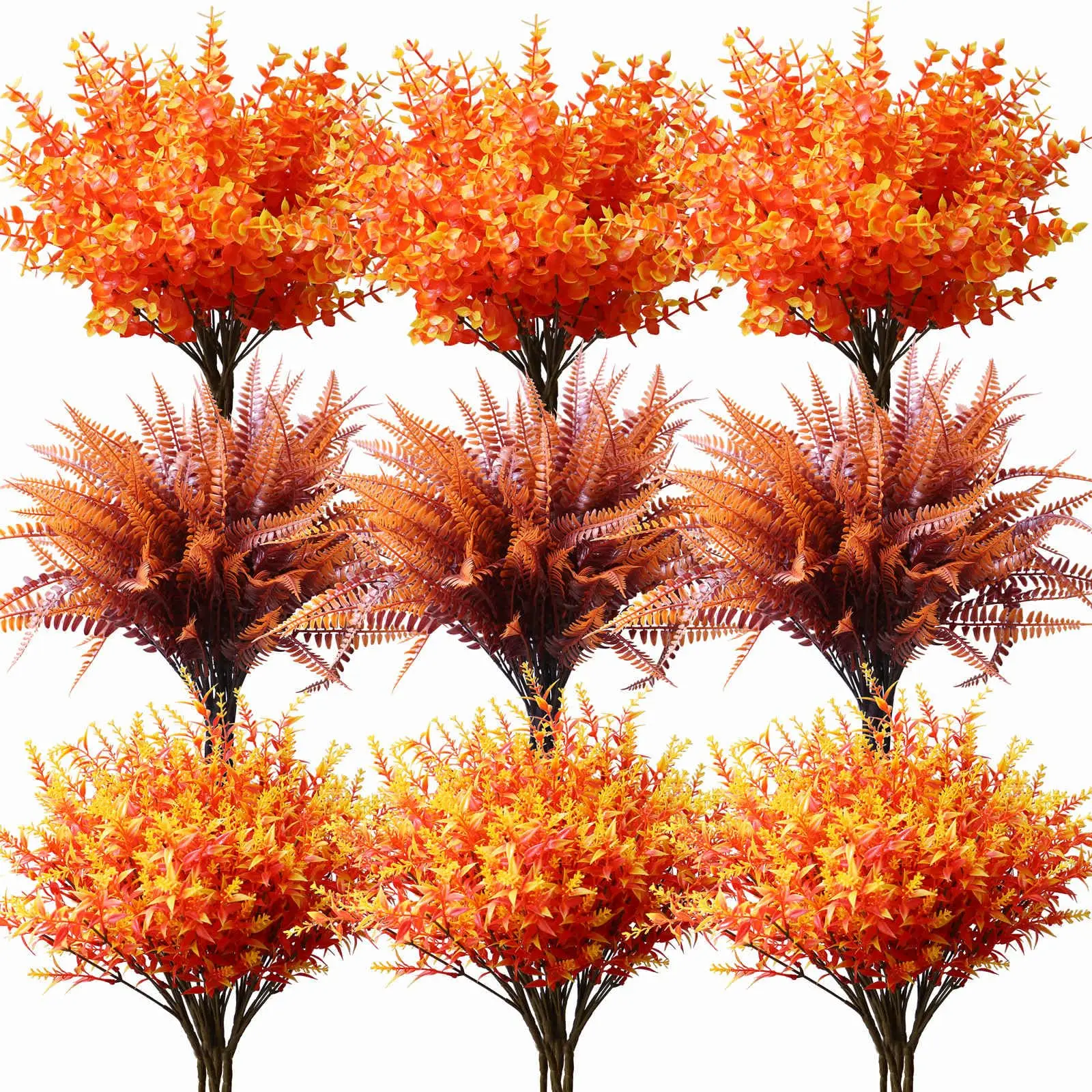 2pcs Artificial Fall Flowers UV Resistant Plastic Faux Boston Fern Eucalyptus Plant for Thanksgiving Home Garden Decor Autumn