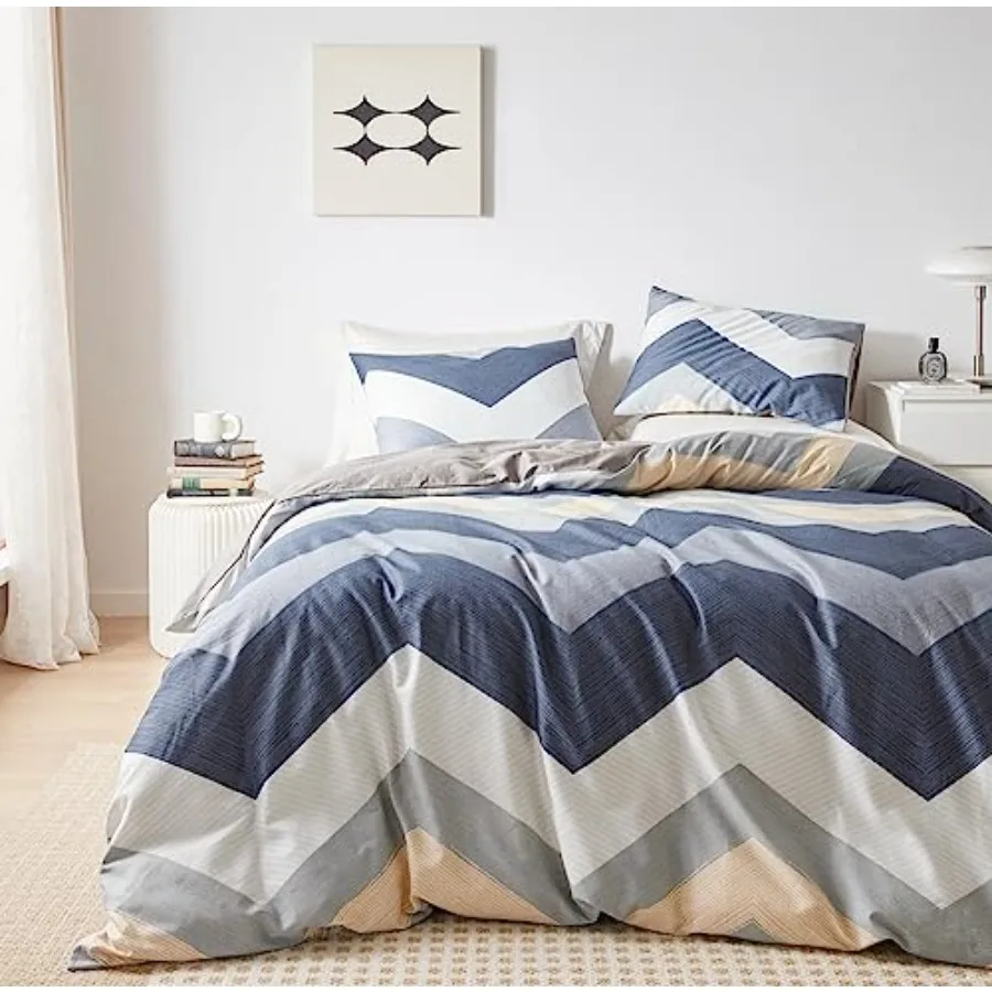 

Абстрактный полосатый геометрический комплект постельного белья из 100% хлопка, 3 предмета: 1 серый пододеяльник с узором и застежкой-молнией, 2 наволочки, нейтральный оттенок