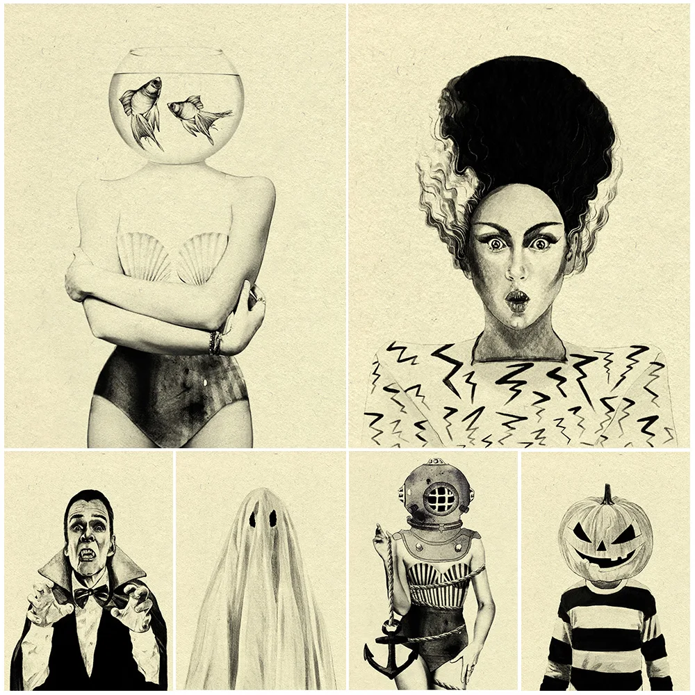 

Bride Of Frankenstein,Pumpkin Head,Ghost,Vampire,Witch,Vintage Wall Art Canvas Painting Ghostly Spooky Season Art Poster Print
