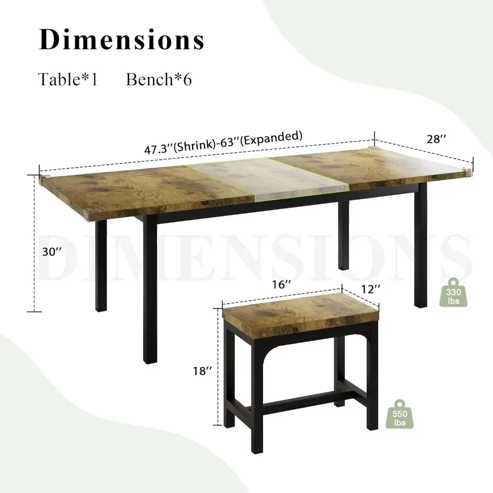 Ensemble de table de salle à manger moderne avec cadre rap-Duty, table de cuisine extensible de 63 po avec 6 chaises, table de salle à manger, 4-8, 7 pièces