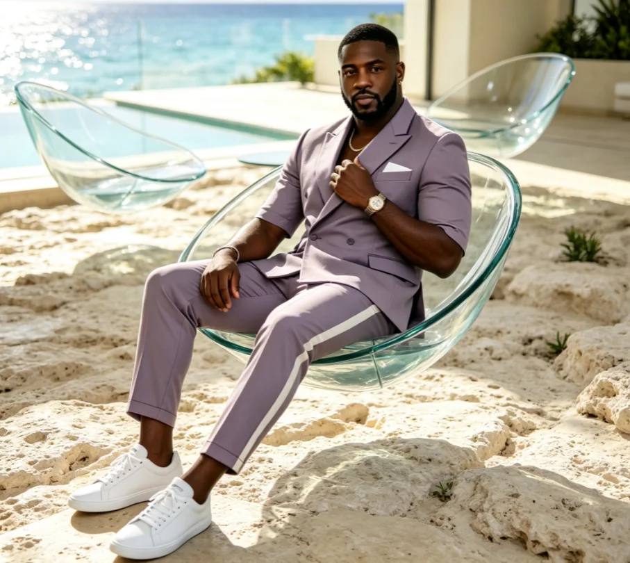 Sage Green Men 2 Piece Summer Suit With Short Jacket Double Breasted Lightweight Casual For Beach Vacation Daily Wear Breathable