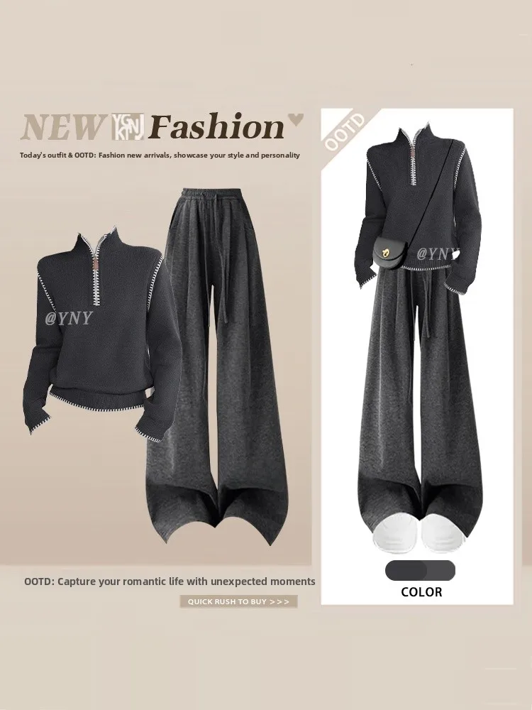 

Повседневный вязаный свитер и брюки с широкими штанинами на высокой талии, комплект из двух предметов, зимний, больших размеров, женский, для создания омолаживающего образа...