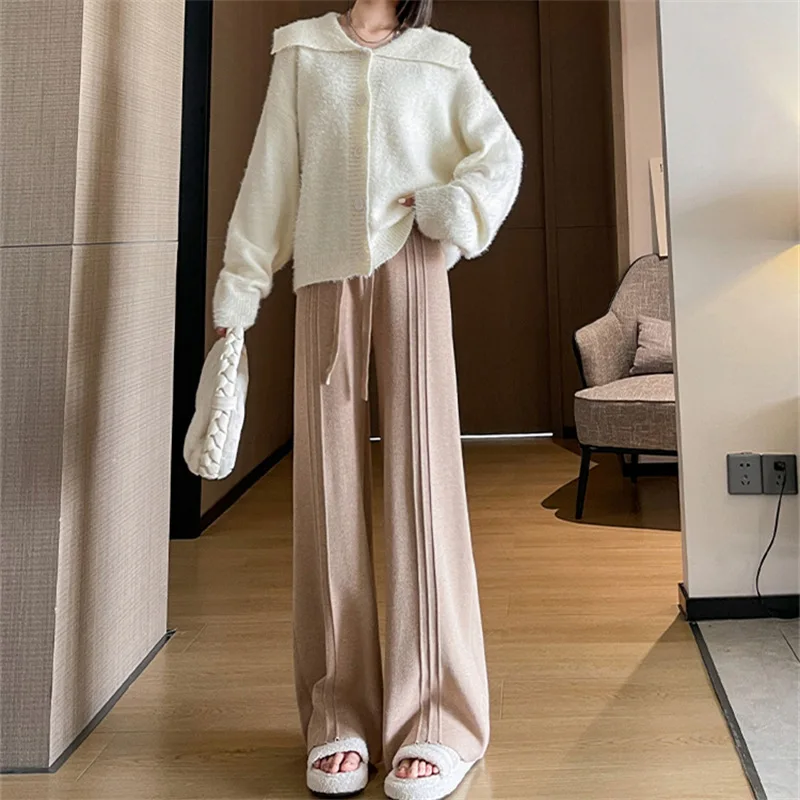 Knitted Wide Leg Pants for Women New High Waisted Casual Soft and Sticky Knitted Straight Leg Pants Loose and Hanging Floor