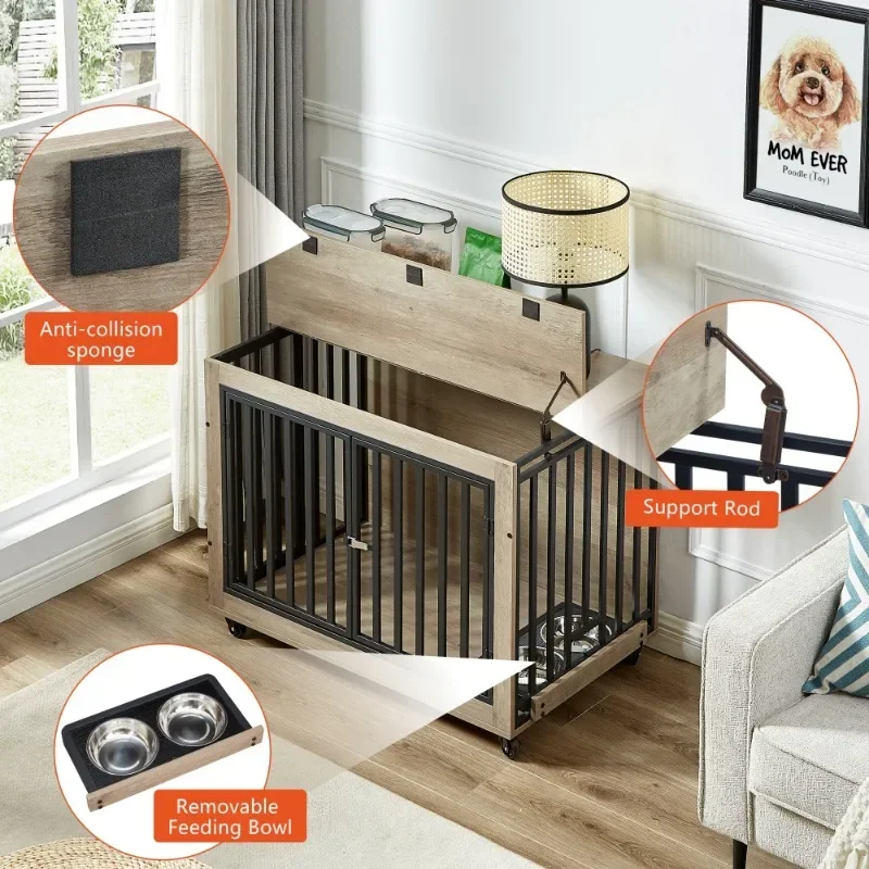 Furniture Style Dog Crate Side Table With Feeding Bowl Three Doors Flip-Up Top Opening Indoor Grey 38.58