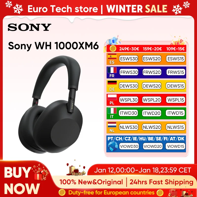 Auriculares Sony WH-1000XM6 con cancelación de ruido, sonido de alta resolución, ajuste suave, diseño plegable, batería de 30 horas, compatible con iOS y Android