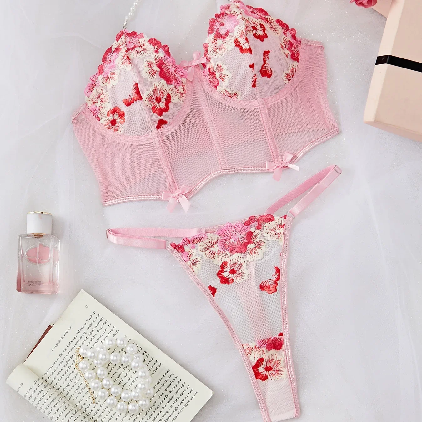Ensemble de Lingerie Sexy en Dentelle Rose pour Femme, en Maille, Couleur Unie Trempée, Broderie de Fleurs, NikTransparent