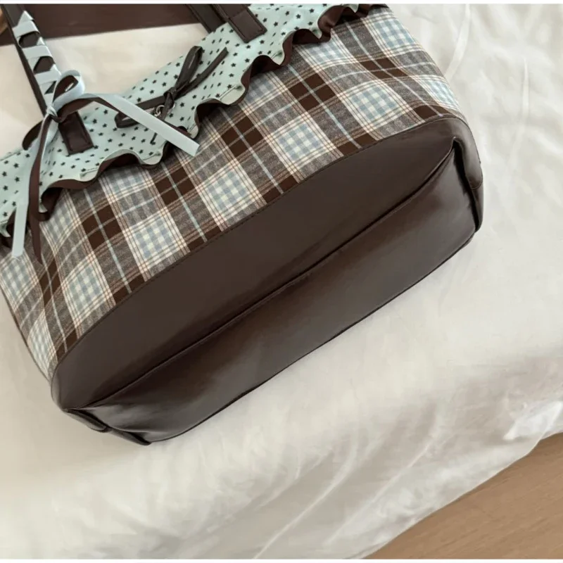 Schultertasche mit Schleife und gepunktetem Gittermuster, Damen-Handtasche mit kariertem Spitzenmuster und kontrastfarbenem Patchwork, niedliche, süße, elegante Tragetasche mit großem Fassungsvermögen – Detail 7