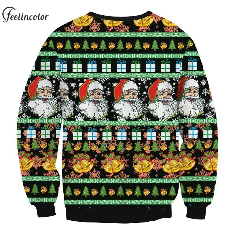 Santa Claus Ugly Christmas Graphic Sweatshirt for Women Xmas Bell Print Pullover Black Casual Oversized Hoodies Couple Clothes