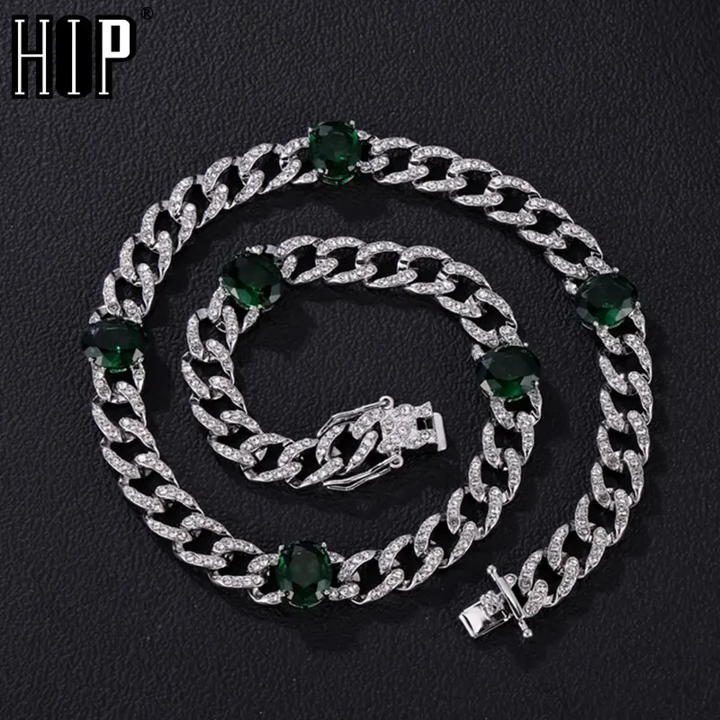 HIP HOP 9MM/10MM/13MM Cuban Link Chain With Green Butterfly Shape Stones Iced Out Rapper Necklaces For Men Women Choker Jewelry