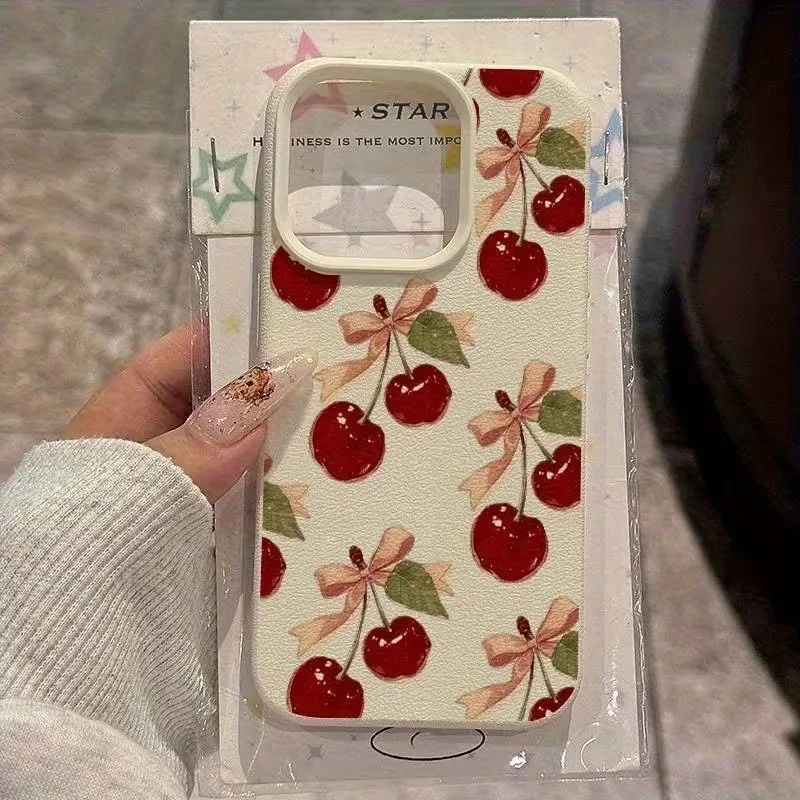 Picture 7: Full Screen Wine Red Cherry Pattern Lychee Texture Phone Case For iPhone 17 AIR 16 15 14 13 12 11 Pro MAX Plus Y2K Matte Cover