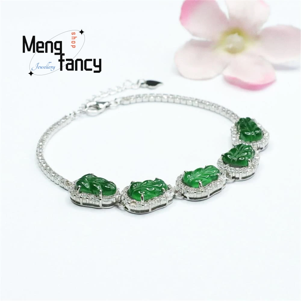 S925 Silver Lnlaid Natural Jadeite Ice Imperial Green Leaf Bracelet Exquisite Elegant Simple High-grade Luxury Quality Jewelry
