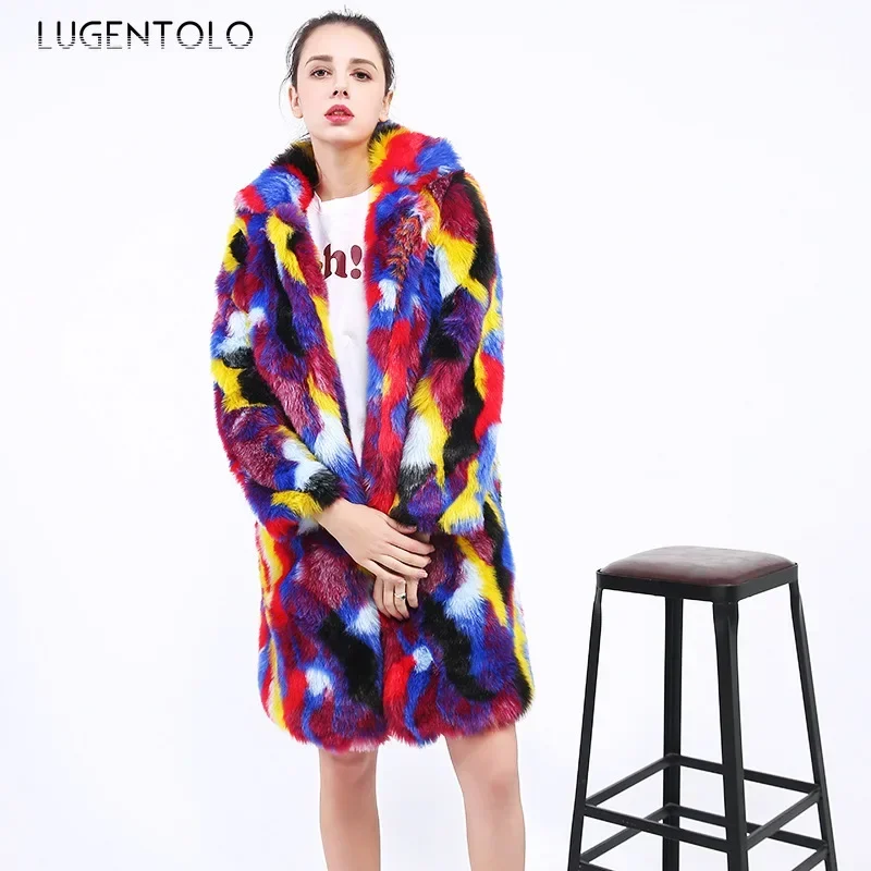 Women Faux Fur Warm Coat Autumn Winter Colorful Faux Fox Fur Long Jacket Female Fashion High Quality Lapel Cloth Available 4XL