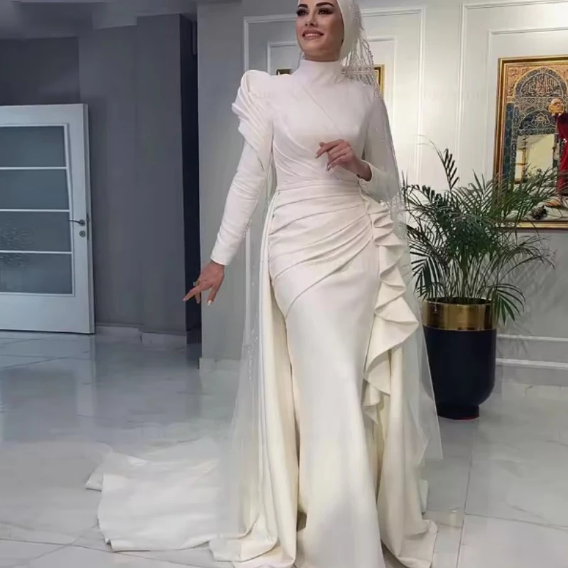 

Muslim Wedding Dresses 2025 New High Collar Mermaid Detachable Train Draped Pleat Satin Bridal Gown Customized robe de mariée
