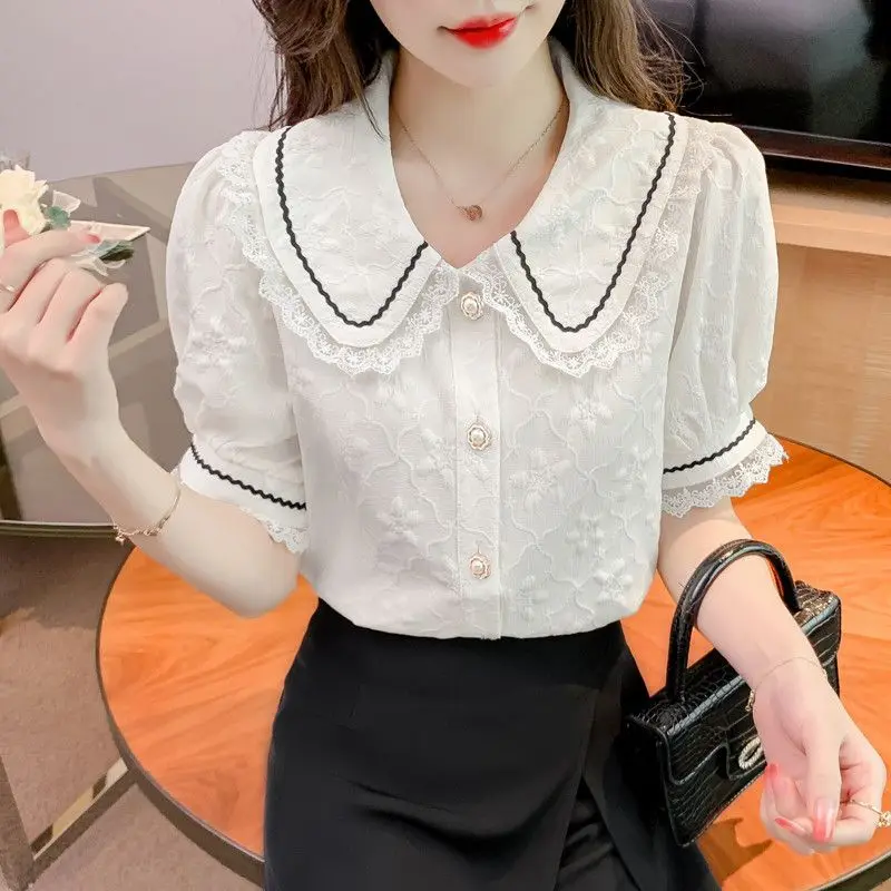 French Doll Collar Shirt Women Summer 2025 Small Fragrance Top Short Sleeve Blouse Floral Puff Sleeve Chiffon Lace Blusas Female