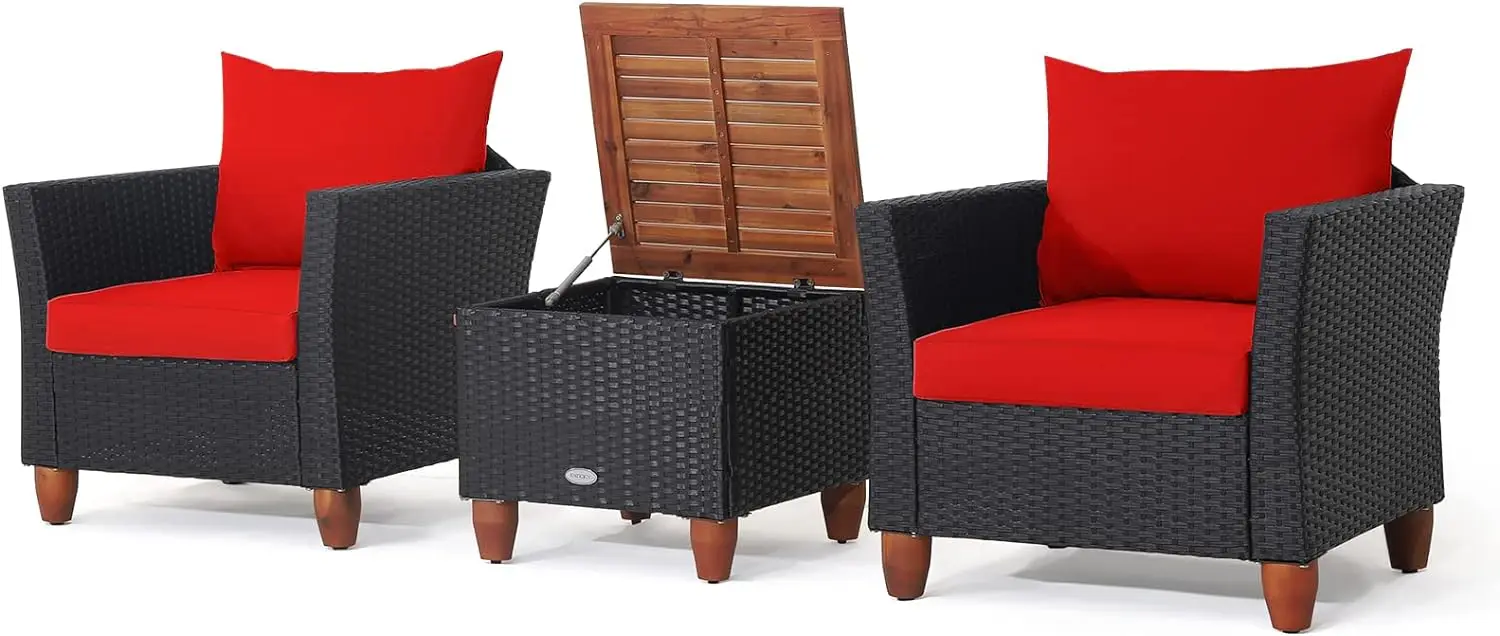 3 buah Set furnitur teras, Set kursi percakapan anyaman rotan PE dengan bantal dan meja penyimpanan, Set kayu akasia