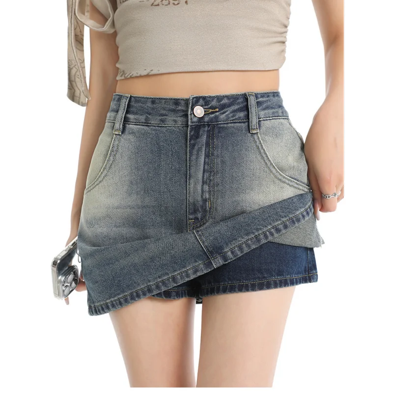 Minigonna a trapezio in denim blu Vita alta da donna Dimagrante Estate Nuovo stile Prevenire l'esposizione Personalità Avvolgente Gonna corta